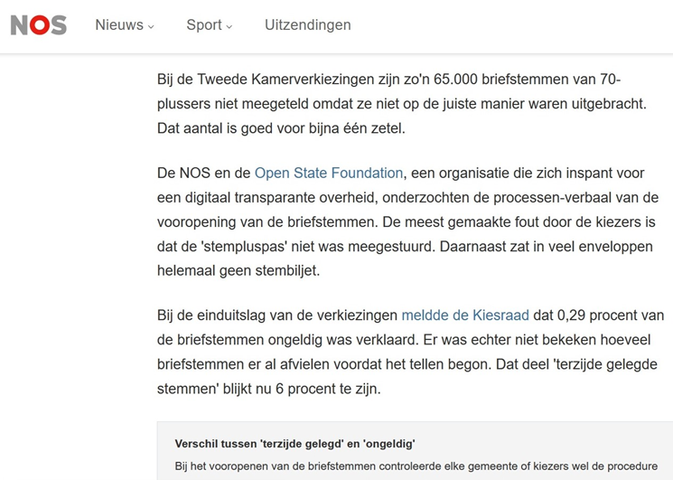 screenshot van nieuwsartikel over niet meegetelde briefstemmen op nos.nl