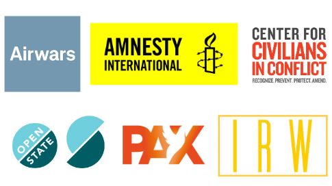 Logo's van NGO's die pleiten voor een transparanter ministerie van defensie: Airwars, Amnesty, Center for Civilians in Conflict, Open State Foundation, PAX en IRW